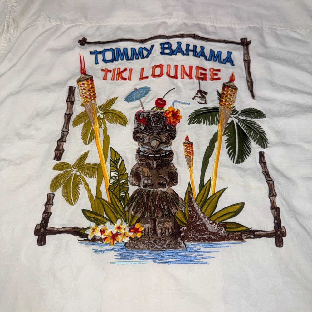 Tommy Bahama Tiki Lounge Silk Camp Shirt Mens XL White Embroidered Tropical Tiki